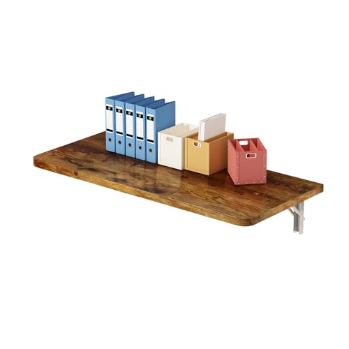 Rustic Wall Mounted Folding Table, Solid Wood Floating Desk with Stainless Steel Brackets, Space Saving Shelf for Home Office, Kitchen, Dining, Laundry Room (60X40cm / 23.63"X15.75") - size: 60
