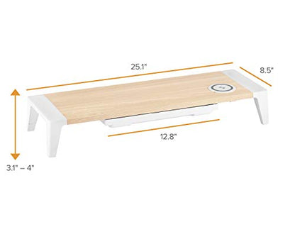 Bostitch Office Wooden Monitor Stand with Wireless Charging Pad, Drawer for Storage, Adjustable Height Riser Includes Removable Non-Skid Rubber Feet - Wood Grain and White (STND-2408WH) - style: Wood-Grain Riser