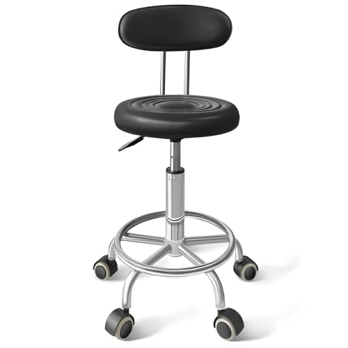 Rolling Stool with Backrest, Adjustable 360° Swivel Task Stool - color: Black