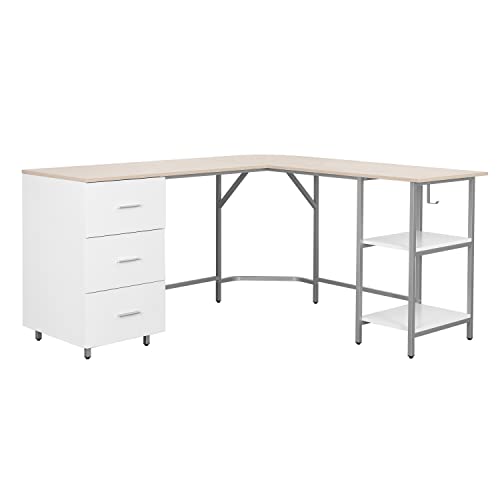 Techni Mobili 59" Two-Tone L‑Shaped Office Desk with Storage Shelves, Sand - color: Sand