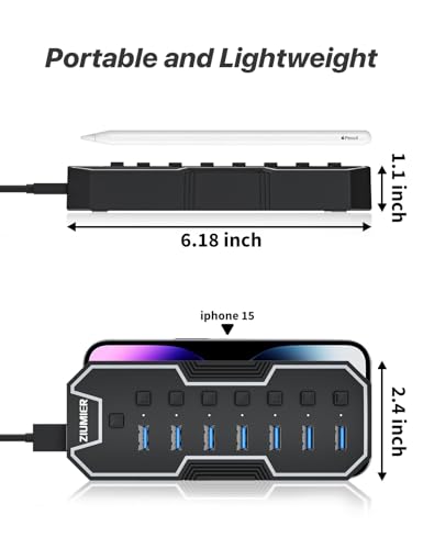 USB Hub 7 Port, RGB LED Strip USB Splitter for Laptop Gaming | USB 3.0 Hub with Individual LED On/Off Switches for Mac, PC, Desktop, Flash Drive, Mobile HDD