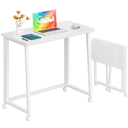 4NM 31.5" Mobile Small Folding Desk, Foldable Rolling Computer Home Office Desk, Study Writing Table for Small Space Saving Bedroom, with Wheels - All White - color: All White, size: 31.5"W x 15.7"D