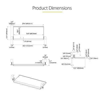 StarTech Under-Desk Keyboard Tray, TAA (Keyboard-Tray-CLAMP1) | Clamp-on Ergonomic Keyboard Holder, Up to 12kg (26.5lb), Sliding Keyboard and Mouse Drawer with C-Clamps, Height Adjustable