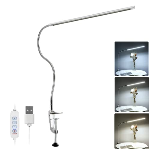 Desk Lamp with Clamp, 3 Modes 10 Brightness 360° Rotation Eye-Caring Reading Light,8W Long Flexible Gooseneck, Architect Task Lamp, USB Clamp Light for Home Office Manicure Reading - color: ‎Trichromatic Light
