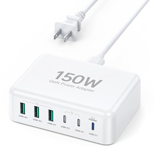 [2026 Updated] USB C Fast Charger, 150W GaN 6 Port Type C Charging Station Hub Block Cube, USB C Wall Charger Power Strip Adapter Plug for iPad iPhone 17 16 15 14 Pro Max Pixel Note Galaxy, 5ft Cord - color: White