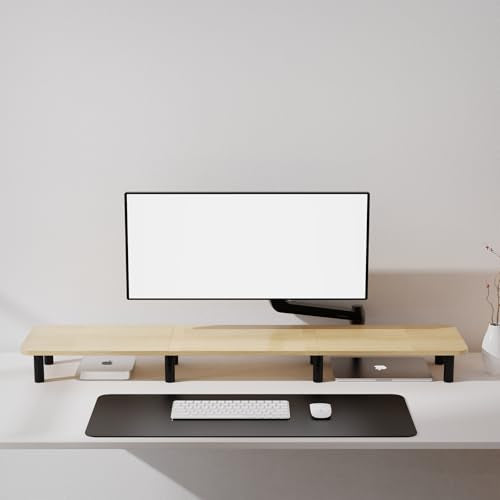 Large Extra Long Monitor Stand Riser 43.7in,Dual Monitor Riser, Wide TV Stand for 2 Monitors, Wood & Steel Leg Adjustable Height Desktop Riser, Home Office Organization. (Natural) - color: Nature