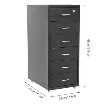 Vertical File Cabinet, 6 Drawer Black Metal File Cabinet with Lock for Office Under Desk Storage – Filing Cabinet on Wheels, Removable Multi Drawer Cabinet for Home Dresser, Black