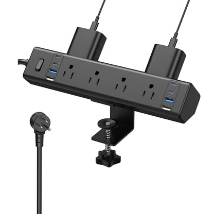 Desk Clamp Power Strip, 40W Total Fast Charging Station, Desk Edge Mount Power Strip, 8 USB Ports(4 USB C) & 8 AC Outlets, Fit 1.9" Tabletop Edge(6Ft 14AWG Cable) - color: Black, size: 6FT