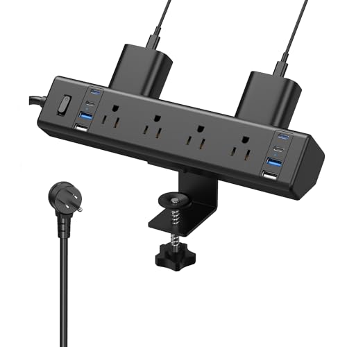 40W Fast Charging Station,Desk Clamp Power Strip,4 USB-C Ports & 8 AC Outlets,Desktop Edge Mount Surge Protector Power Strip,14AWG Heavy Duty Cord,Fit 1.9" Tabletop Edge for Home Office(10Ft Cable) - color: Black, size: 10FT
