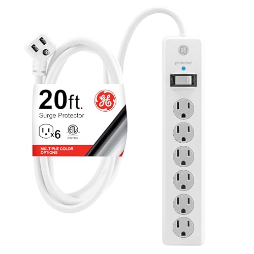 GE Surge Protector Power Strip,20 Ft Extension Cord,6 Outlet Extender,800 Joules,Flat Plug,Twist-to-Close Safety Covers,ETL Listed,White,50770 (Pack of 8) - color: White, size: 20 Ft (Pack of 8), style: 1 Pack