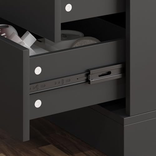 MOUMON Electric Standing Desk with Drawers and Shelves, Executive Adjustable Height Stand Up Desk, L-Shaped Design, 63 inch Tabletop, for Office Deep Brown and Black 63”W x 63”D x 28.9-45.3”H - color: Deep Brown and Black, size: 63”W x 63”D x 28.9-45.3”H