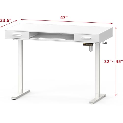 SHW 48-Inch Electric Height Adjustable Desk w/Keyboard Tray, White | w/ 2 Drawers | Memory Presets and Cable Management | Hanging Hooks - color: White