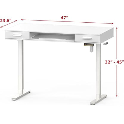 SHW 48-Inch Electric Height Adjustable Desk w/Keyboard Tray, White | w/ 2 Drawers | Memory Presets and Cable Management | Hanging Hooks - color: White