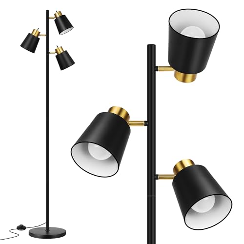 QiMH Tree Floor Lamps for Living Room, 67" Modern Standing Floor Lamp with 3 LED Bulb, Industrial Tall Lamp Reading Lighting for Bedroom Study Office Decor, 3 Rotatable Light Heads, Black Gold - color: Black Gold