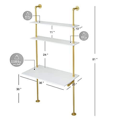 White and Gold Desk, 36" Ladder Desk, Wall Mount Computer Writing Table Pipe Shelf Shelving Mini Narrow Industrial Modern for Small Spaces(36x20x81)