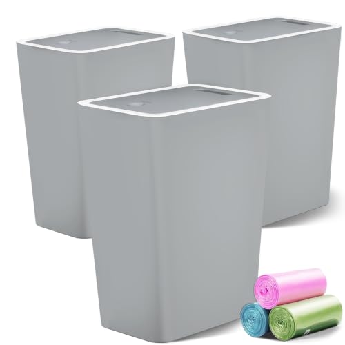 Lysam 4 Gallon Trash Can 3 Packs, Bedroom Trash Can with Lid & Trash Bags | Small Garbage Can Press-Top for Dog & Child Proof, Oder Seal, Waste Basket for Bedroom, Office, Living Room, Bathroom, Grey - color: Grey - 3 Packs