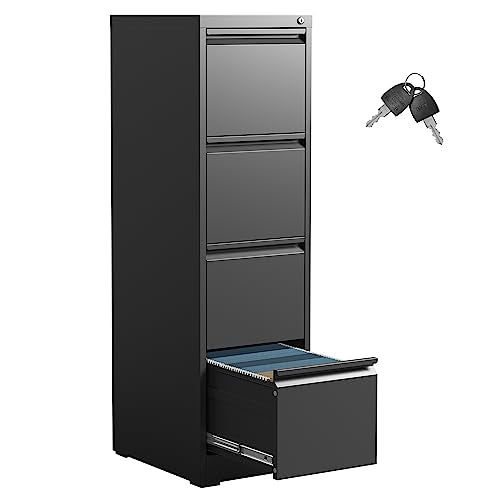 IKIMI 4 Drawer File Cabinet,Metal Filing Cabinets with Lock,Black Vertical File Cabinet for Home Office,Heavy Duty Metal Storage Cabinet for A4/Letter/Legal Size File,Assembly Required - color: Black, size: 4 Drawers