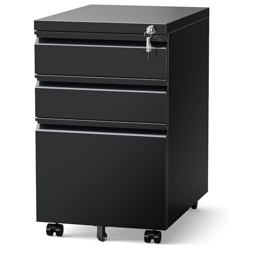 3 Drawer Mobile Locking File Cabinet, Anti-tilt Design Metal Vertical Filing Cabinet, Rolling Desk Filing Cabinet fits Letter/Legal/A4 Size for Home Office,Black - color: Black, style: 3A