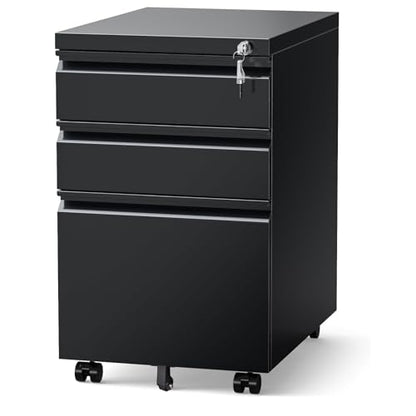 3 Drawer Mobile Locking File Cabinet, Anti-tilt Design Metal Vertical Filing Cabinet, Rolling Desk Filing Cabinet fits Letter/Legal/A4 Size for Home Office,Black - color: Black, style: 3A