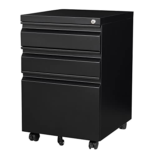 3 Drawer File Cabinet with Wheels, Metal Filing Cabinet with Lock, Office Rolling File Cabinets for A4/Legal/Letter Size, Assembly Required, Black - color: Black, size: 3 Drawer (Wheel)