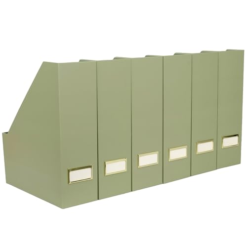 BLU MONACO | Set of 6 Foldable Magazine File Holders in Earth Green | Heavy-Duty Vertical File Organizers with Label Holders | Desk Organizer Set for Paperwork, Documents & Office Storage - color: Earth Green