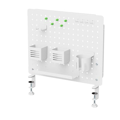 Kantek Pegboard Desktop Organizer & Accessories, Sits, Hangs or Clamps to Tables, 20.58” X 17” White Steel Privacy Panel, Cup Holder, Pen Cup, Headphone Holder, Tray, Magnets, Easy Install - color: White