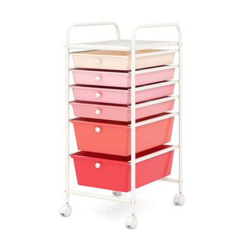 LDAILY Rolling Storage Cart with Drawers, Classroom Storage, Gradient Pink - color: Gradient Pink, size: 6 Drawer
