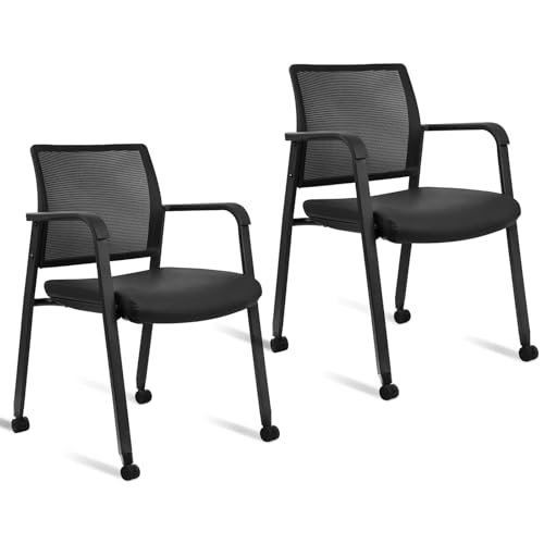 CLATINA Mesh Back Guest Reception Stacking Chair with Wheels, Waiting Room Stackable Chairs with Upholstered Leather Seat & Ergonomic Lumbar Support for Office Conference School Lobby, Black, 2 Pack - color: Black_leather_wheels, size: 2pack