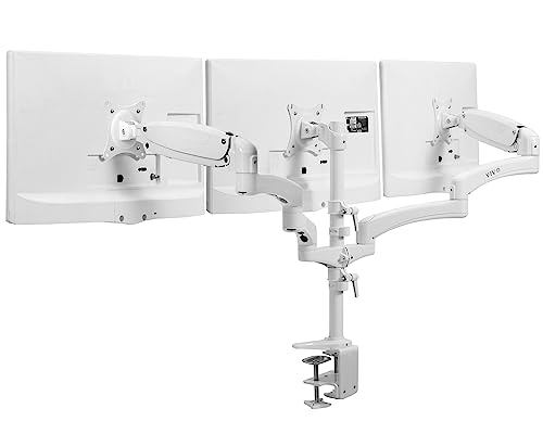 VIVO 17 to 32 inch Triple Pneumatic Monitor Mount, 2 Pneumatic Arms, 1 Fixed, Adjustable Swivel, Rotation, Heavy Duty VESA Desk Stand with C-clamp, Max VESA 100x100, White, STAND-V300GW - color: White, size: Triple Mount