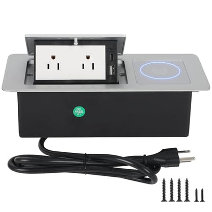 Table Pop Up Outlet Automatic Pop Up Strip Center Countertop Recessed Power Strip with 15W Wireless Charger + USB A + USB C + 2AC 5.9Ft Cord for Conference Desk Office Kitchen (Silver-Wireless) - style: Silver-Wireless