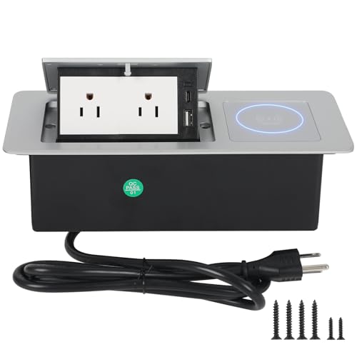 Table Pop Up Outlet Automatic Pop Up Strip Center Countertop Recessed Power Strip with 15W Wireless Charger + USB A + USB C + 2AC 5.9Ft Cord for Conference Desk Office Kitchen (Silver-Wireless) - style: Silver-Wireless