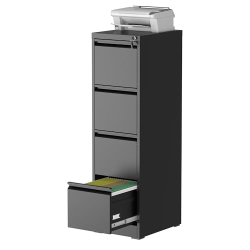 4 Drawer File Cabinet for Home Office, Vertical Filing Cabinet | Metal Lockable File Cabinet for Storage, Ideal for Legal/Letter/A4 Files, 52.3"H x 17.7"D x 15.2"W, Require Assembly, Black - color: Black, size: 52.3"H - 4 Drawer