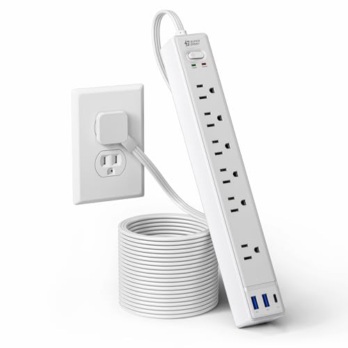 10Ft Flat Extension Cord with Multiple Outlets, Surge Protector Power Strip | SUPERDANNY Flat Plug Power Strip with 6 Outlets & 3 USB, Charging Station for Home, Office, College Dorm Room Essentials - color: White, size: 10FT