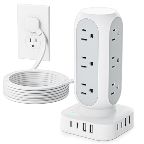 TenTrend Power Strip Tower, Flat Plug Charging Tower, 5 FT Extension Cord | 12 AC Outlets & 8 USB Ports (4USB-C), Charging Station for Home, Office, Dorm Room - color: White, size: 5 FT - 3 Prong