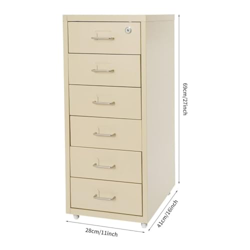6 Drawers File Cabinet with Lock Rolling Mobile Filing Cabinet with Wheels Under Desk Vertical Filing Cabinet for Office/Home Metal (Wood Yellow) - color: Wood Yellow