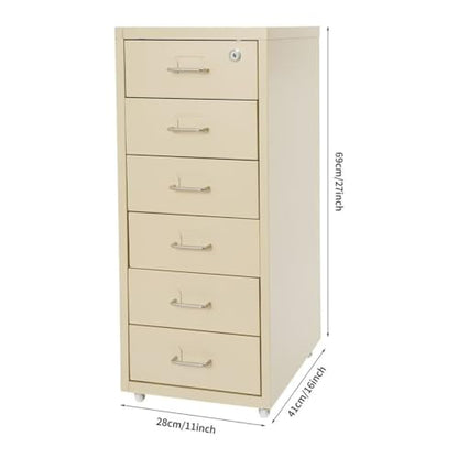 6 Drawers File Cabinet with Lock Rolling Mobile Filing Cabinet with Wheels Under Desk Vertical Filing Cabinet for Office/Home Metal (Wood Yellow) - color: Wood Yellow