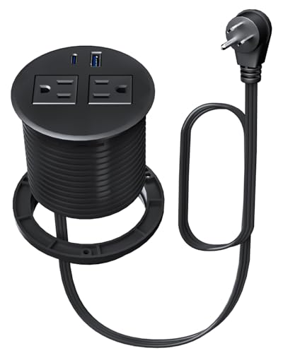 Desktop Power Grommet with 20W USB C Fast Charging, 3 inch Flush-Mount Recessed Power Strip for Desk,Office Tables,Furniture, Recessed Outlet 6FT Cord, 45° Thin Flat Plug, 2 USB Ports, Black - color: Black