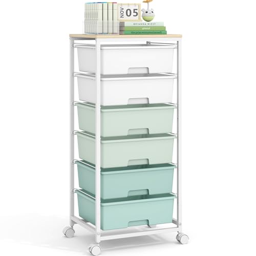 6 Drawer Rolling Storage Cart with Wooden Top and Wheels for Crafts,Green - color: Green