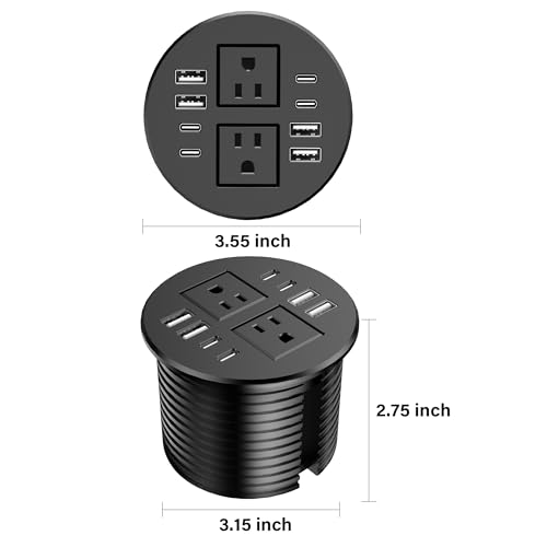Jgstkcity 3.15 inch Desktop Power Grommet,40W USB Recessed Outlet | 2 Outlets,8 USB Ports,Flush Mount Desk Hole Round Power Outlet,Recessed Power Strip,6FT