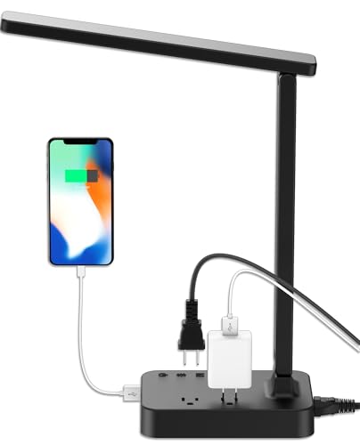 Drevet LED Desk Lamp for College Dorm Room, Desk Light with 1 USB Charging Port 2 AC Power Outlet, 3 Lighting Modes, 3 Level Brightness Touch Lamp, Eye-Caring Home Office Foldable Table Lamp - color: Black Classic 1USB/2AC