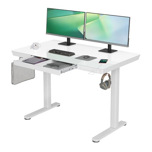 YDN Glass Standing Desk with Drawers, 48x24 Inch, White | Quick Install, Whole-Piece Glass Top, USB ports and a Type-C port, Buil in Drawers, Writable Glass Top, 2 Hooks - color: White, size: 48inch