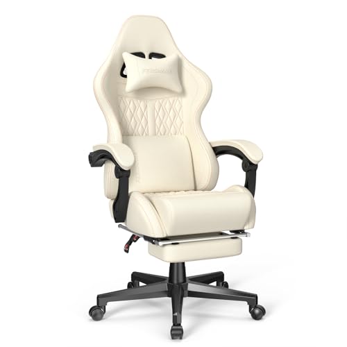 Vintage PU Leather Gaming Chair - High Back Massage, Ergonomic Computer Office Chair with Footrest - Racing Style Reclining Beige Gaming Seat - color: Beige