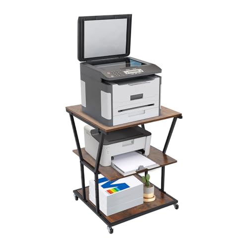 3-Tier Printer Stand for Home/Office, Mobile Rolling Cart with Storage Shelf & Wheels, Industrial Style Printer Table for Heat Press, Scanner, Fax Machine (Black)