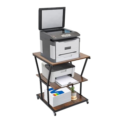 3-Tier Printer Stand for Home/Office, Mobile Rolling Cart with Storage Shelf & Wheels, Industrial Style Printer Table for Heat Press, Scanner, Fax Machine (Black)
