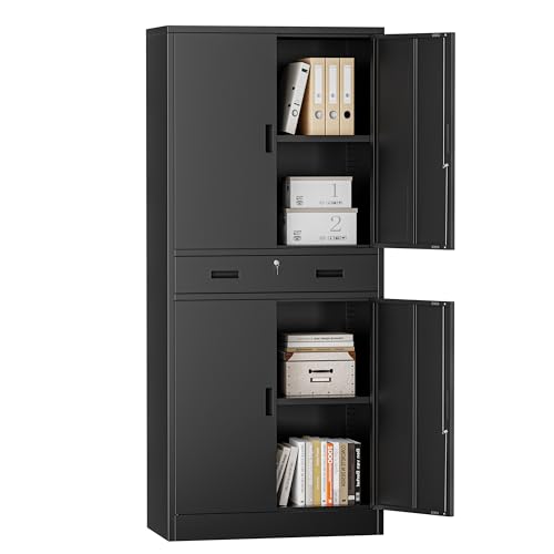 Metal Storage Cabinets with 1Drawer, 71" Storage Cabinet with 4 Locking Doors and 2 Adjustable Shelves, Steel Storage File Cabinet for Pantry Home, Kitchen, Office, Garage (Black) - color: Black, size: 71"H&1Drawer