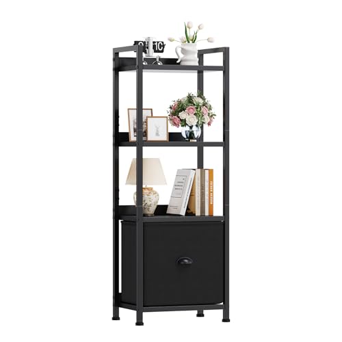 DUMOS 4 Tier Bookshelf with Fabric Drawer, Display Standing Shelf, Black - color: Modern Black, size: 4 Shelf with Fabric Drawer