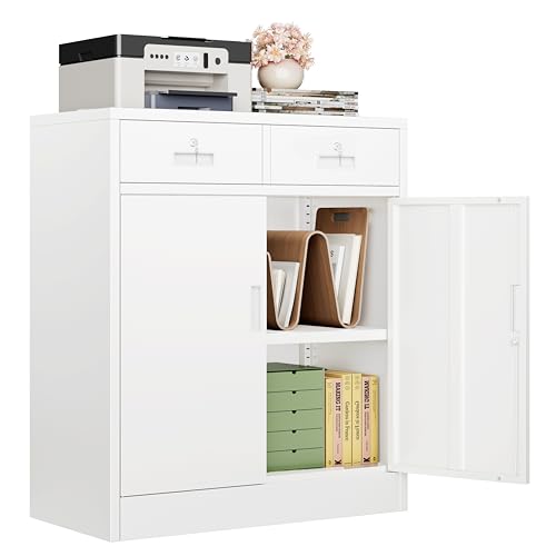 CJF Metal Storage Cabinet, Locking Storage Cabinet with Doors and 2 Drawers, Metal Cabinets for Office/Home/Garage 36" H x 32" W x 16" D (White) - color: White, size: 36"H - 2 DRAWERS