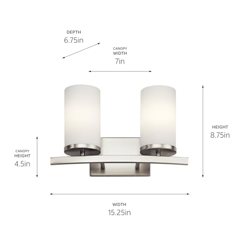 Kichler Crosby 2-Light Bathroom Vanity Light, Brushed Nickel | Satin etched cased opal glass vanity light for modern bathrooms (15" x 8.75" x 15"), 45496NI - color: Brushed Nickel, size: 2 Light, style: Satin Etched Cased Opal Glass