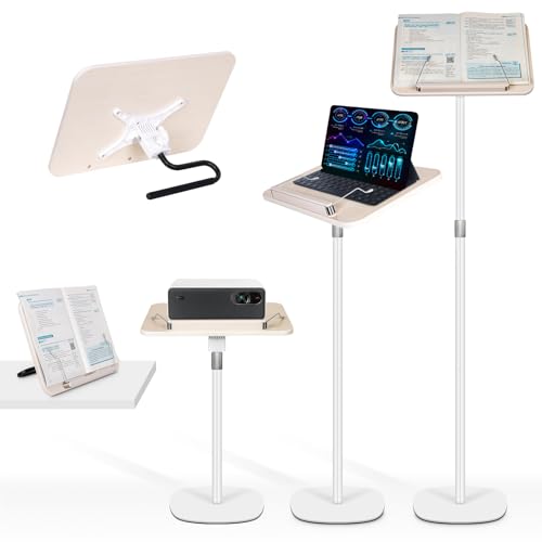 2-in-1 Floor Standing Book Stand, Foldable Book Holder for Reading with Page Clips, 19"–51" Height Adjustable, Sturdy Podium Stand for Reading, Bible, Laptop, Cookbooks, or Projector - size: (White）Higher with U-shaped