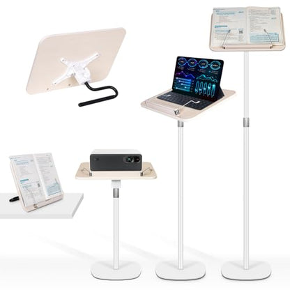 2-in-1 Floor Standing Book Stand, Foldable Book Holder for Reading with Page Clips, 19"–51" Height Adjustable, Sturdy Podium Stand for Reading, Bible, Laptop, Cookbooks, or Projector - size: (White）Higher with U-shaped